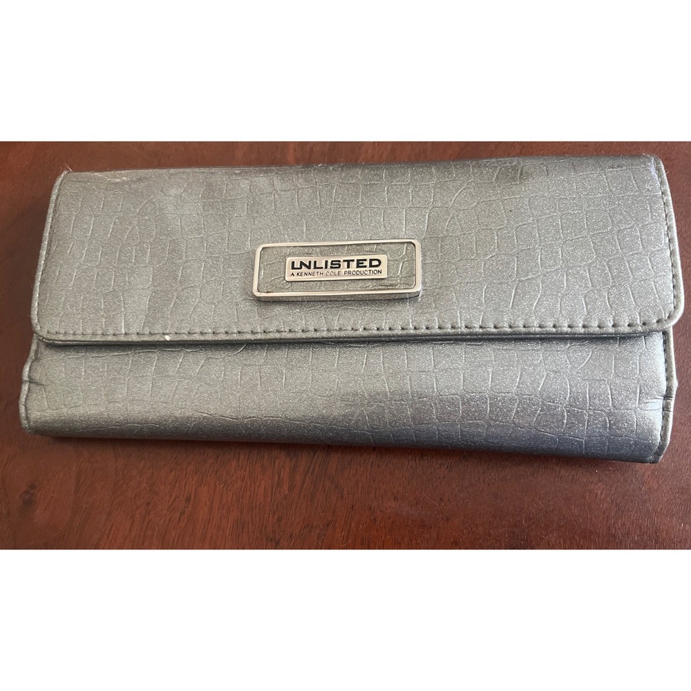 Silver Unlisted Kenneth Cole urban organizer clutch wallet faux leather exterior